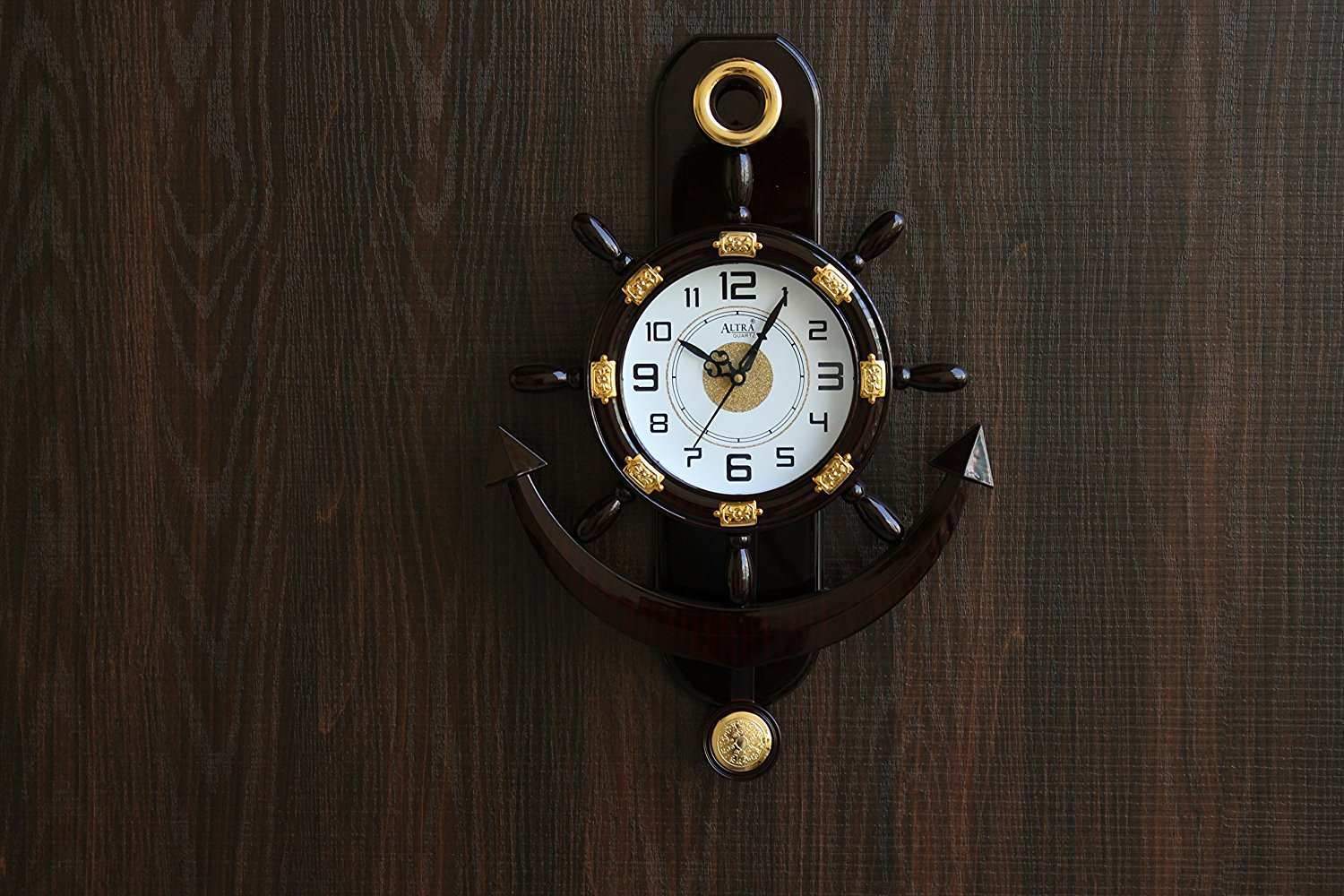 FunkyTradition Decorative Retro Anchor Ship Steering Shape Plastic Pendulum Wall Clock for Home Office Decor and Gifts - FunkyTradition