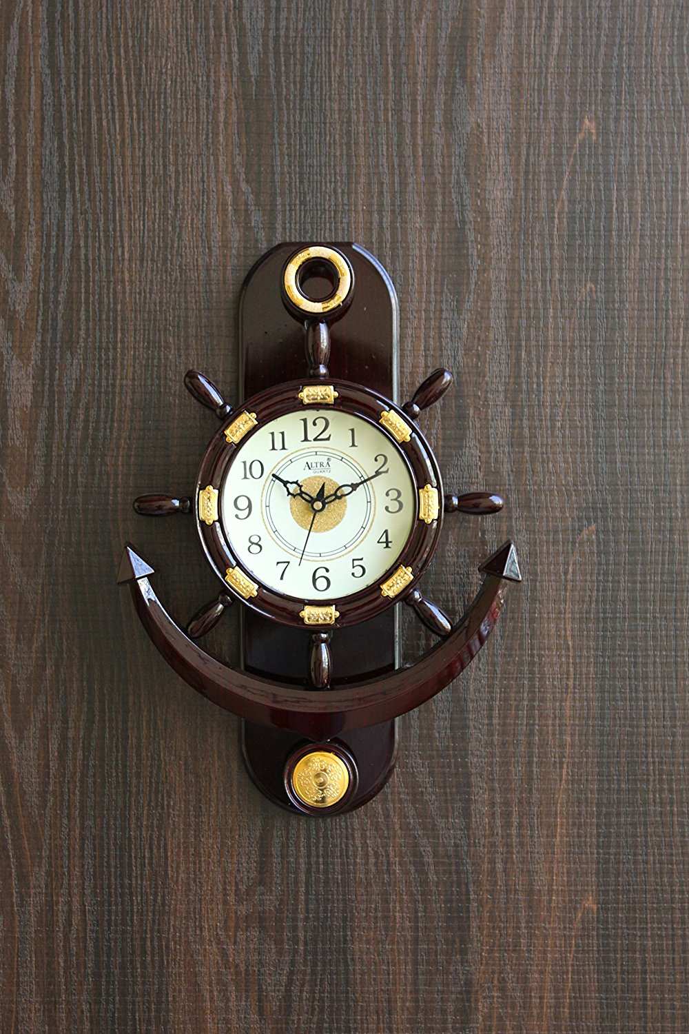 FunkyTradition Decorative Retro Anchor Ship Steering Shape Plastic Pendulum Wall Clock for Home Office Decor and Gifts 40 CM Tall - FunkyTradition