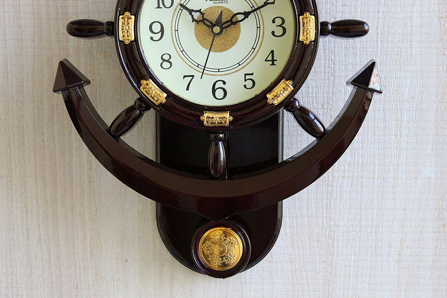 FunkyTradition Decorative Retro Anchor Ship Steering Shape Plastic Pendulum Wall Clock for Home Office Decor and Gifts 40 CM Tall - FunkyTradition