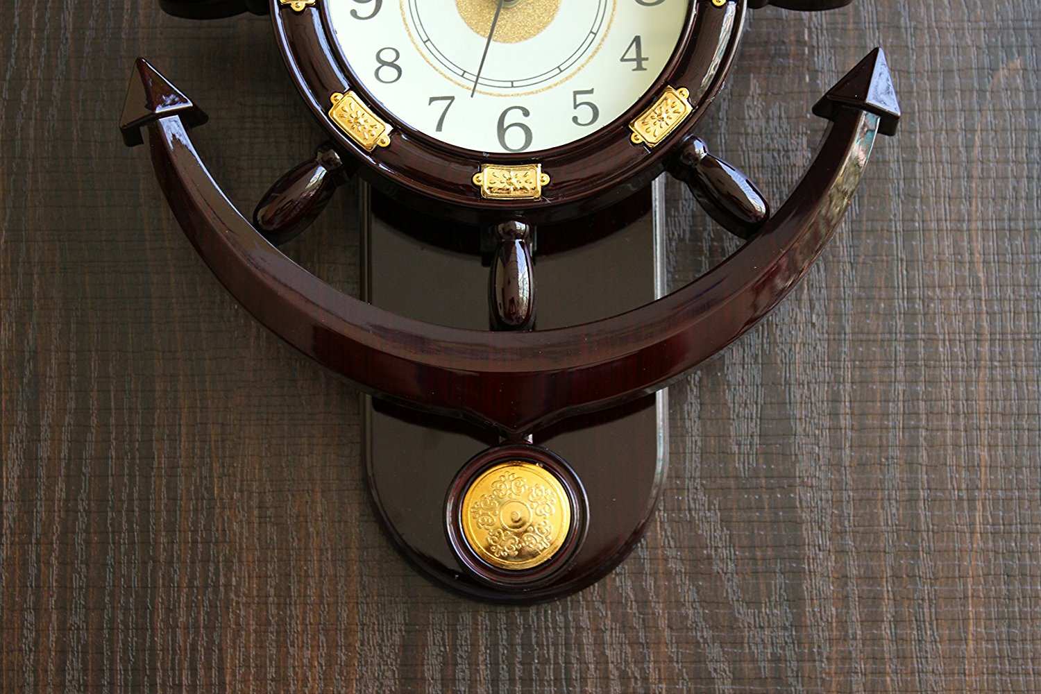 FunkyTradition Decorative Retro Anchor Ship Steering Shape Plastic Pendulum Wall Clock for Home Office Decor and Gifts 40 CM Tall - FunkyTradition