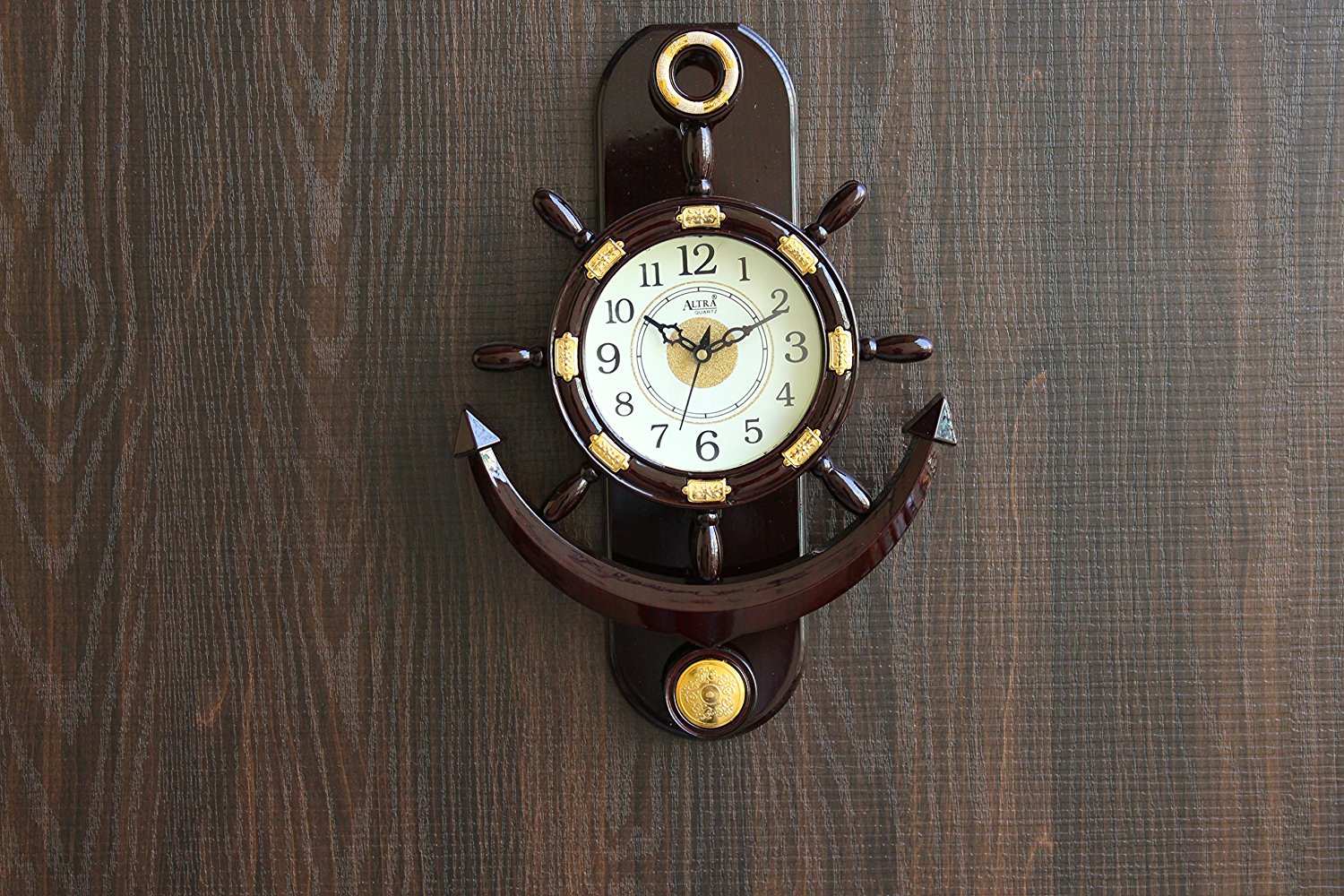 FunkyTradition Decorative Retro Anchor Ship Steering Shape Plastic Pendulum Wall Clock for Home Office Decor and Gifts 40 CM Tall - FunkyTradition