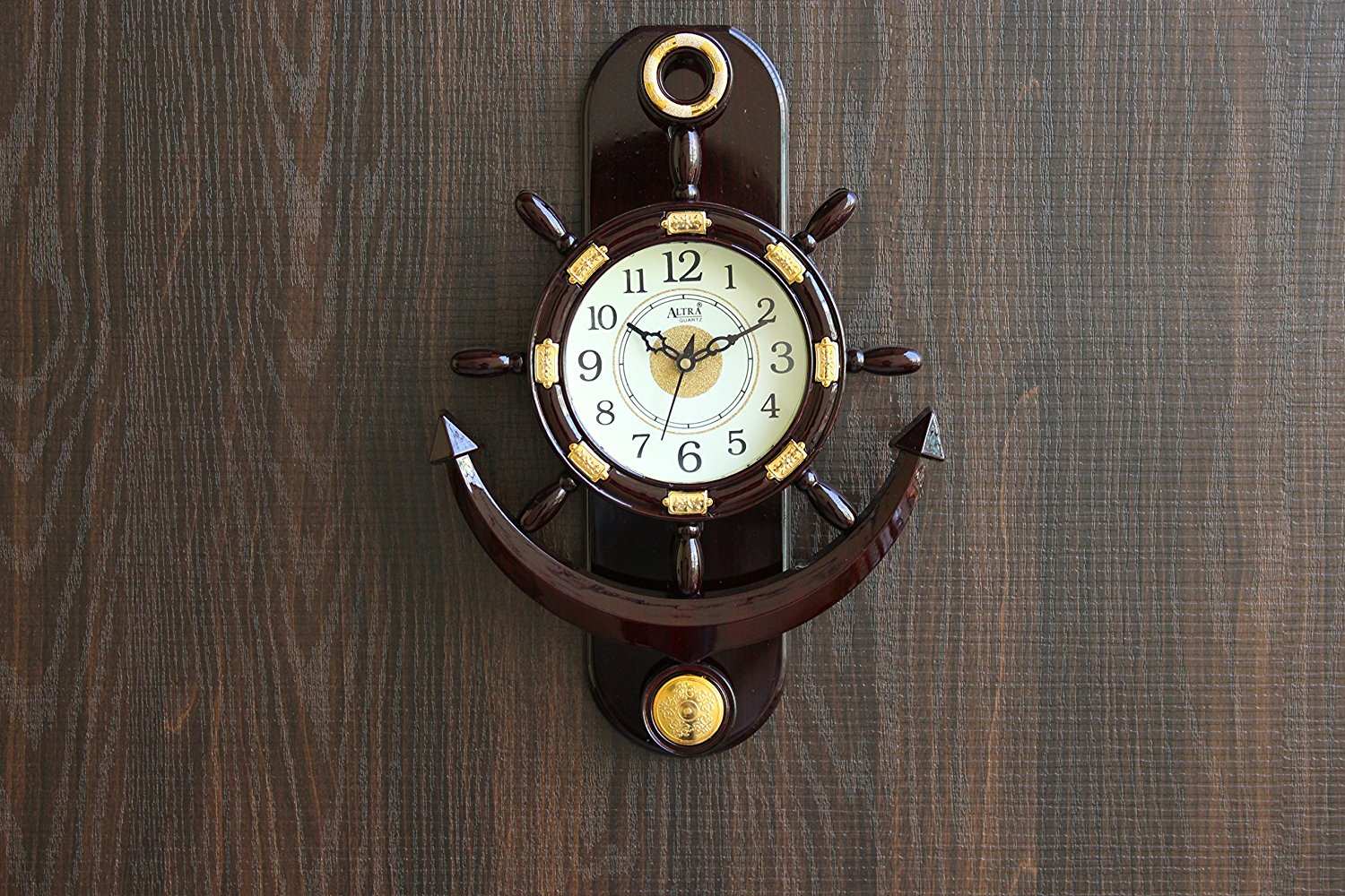 FunkyTradition Decorative Retro Anchor Ship Steering Shape Plastic Pendulum Wall Clock for Home Office Decor and Gifts 40 CM Tall - FunkyTradition