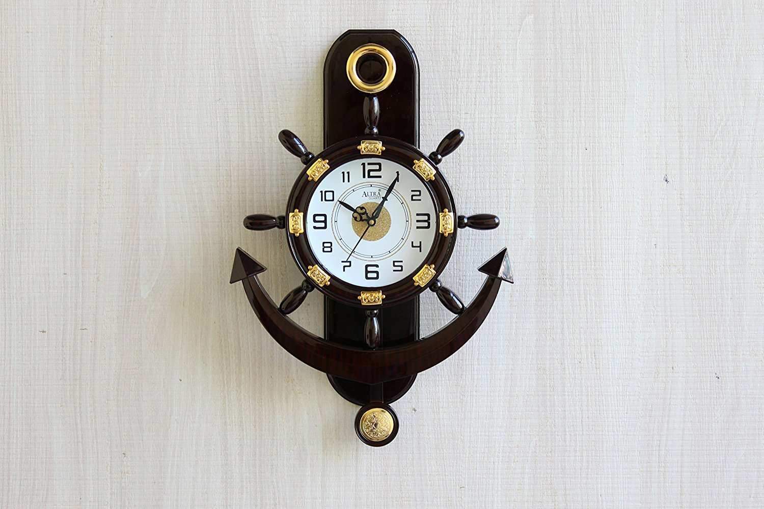 FunkyTradition Decorative Retro Anchor Ship Steering Shape Plastic Pendulum Wall Clock for Home Office Decor and Gifts - FunkyTradition