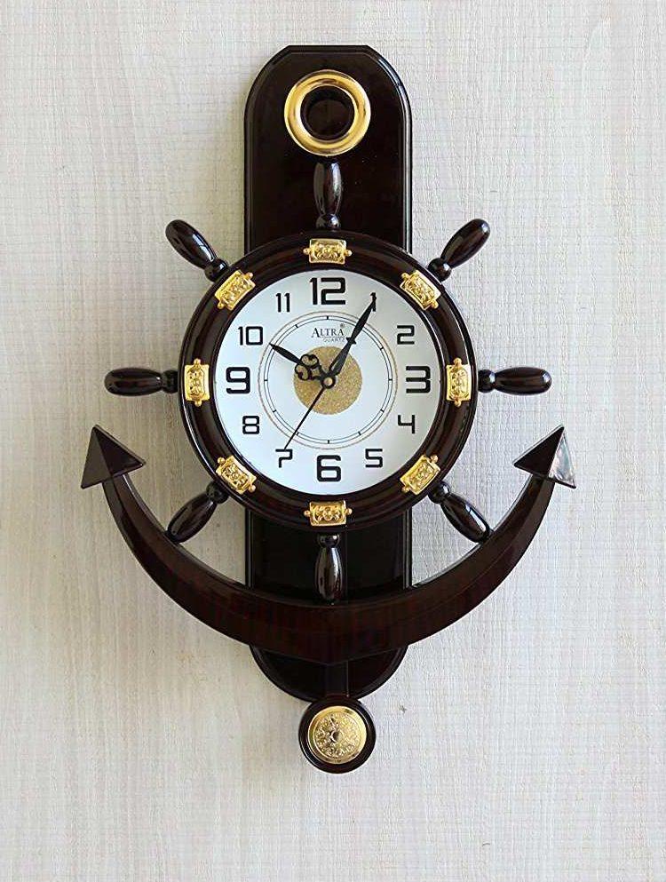 FunkyTradition Decorative Retro Anchor Ship Steering Shape Plastic Pendulum Wall Clock for Home Office Decor and Gifts - FunkyTradition
