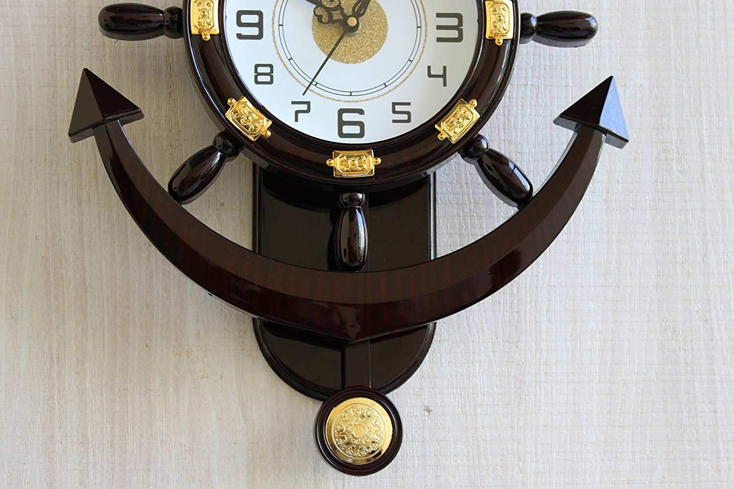 FunkyTradition Decorative Retro Anchor Ship Steering Shape Plastic Pendulum Wall Clock for Home Office Decor and Gifts - FunkyTradition