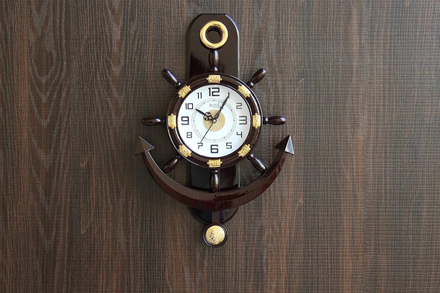 FunkyTradition Decorative Retro Anchor Ship Steering Shape Plastic Pendulum Wall Clock for Home Office Decor and Gifts - FunkyTradition