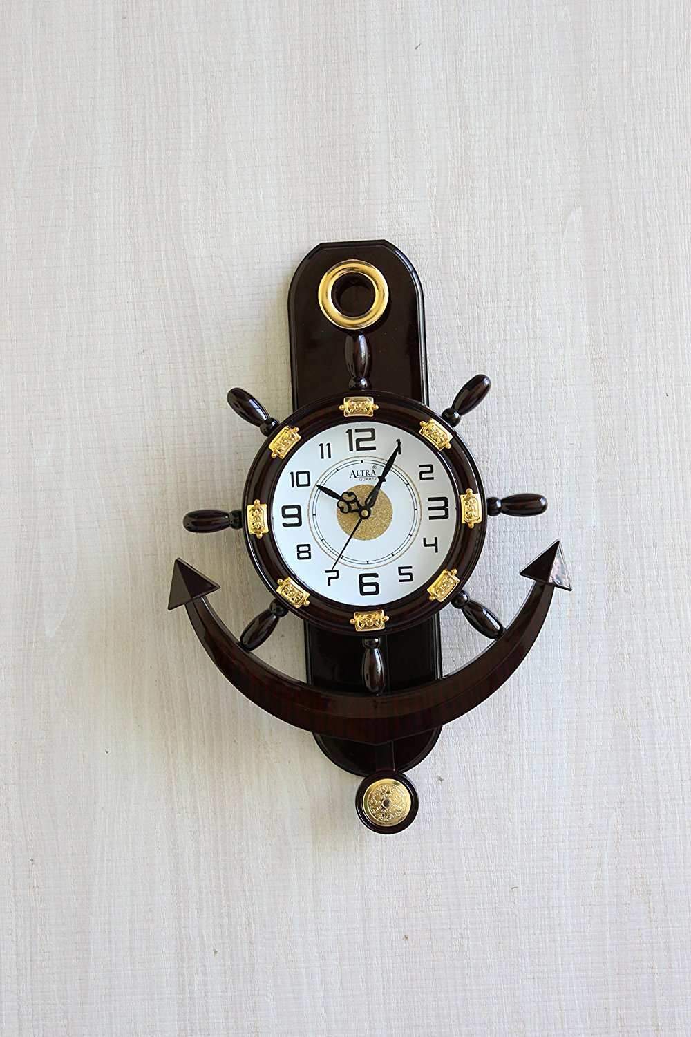 FunkyTradition Decorative Retro Anchor Ship Steering Shape Plastic Pendulum Wall Clock for Home Office Decor and Gifts - FunkyTradition