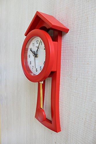FunkyTradition Decorative Retro Red Small House Shape Plastic Pendulum Wall Clock for Home Office Decor and Gifts 40 cm Tall - FunkyTradition