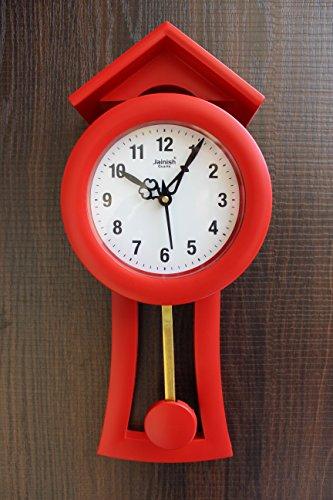 FunkyTradition Decorative Retro Red Small House Shape Plastic Pendulum Wall Clock for Home Office Decor and Gifts 40 cm Tall - FunkyTradition