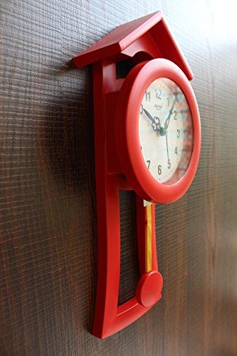 FunkyTradition Decorative Retro Red Small House Shape Plastic Pendulum Wall Clock for Home Office Decor and Gifts 40 cm Tall - FunkyTradition
