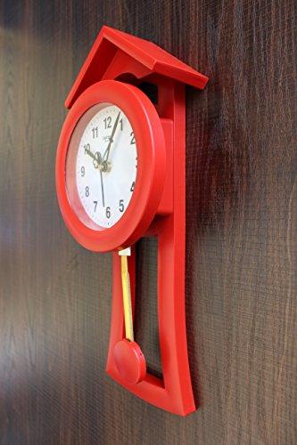 FunkyTradition Decorative Retro Red Small House Shape Plastic Pendulum Wall Clock for Home Office Decor and Gifts 40 cm Tall - FunkyTradition