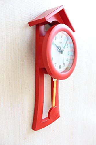 FunkyTradition Decorative Retro Red Small House Shape Plastic Pendulum Wall Clock for Home Office Decor and Gifts 40 cm Tall - FunkyTradition
