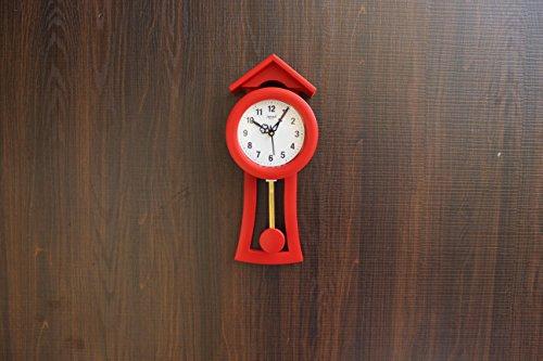 FunkyTradition Decorative Retro Red Small House Shape Plastic Pendulum Wall Clock for Home Office Decor and Gifts 40 cm Tall - FunkyTradition