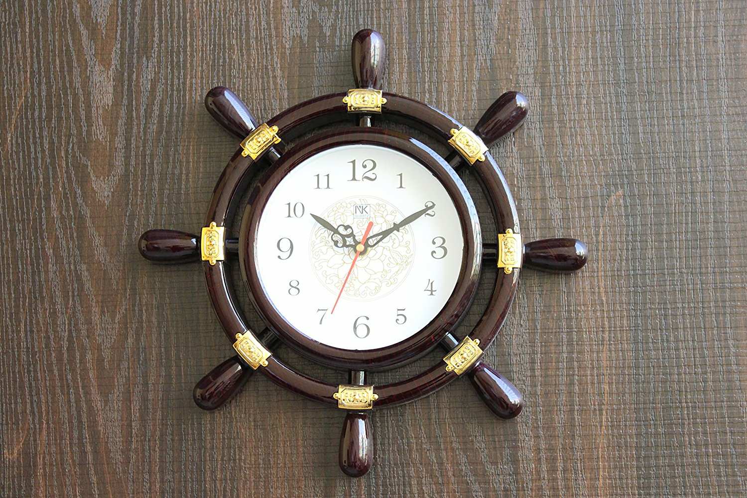 FunkyTradition Decorative Retro Round Ship Steering Shape Plastic Pendulum Wall Clock for Home Office Decor and Gifts 32 CM Tall - FunkyTradition