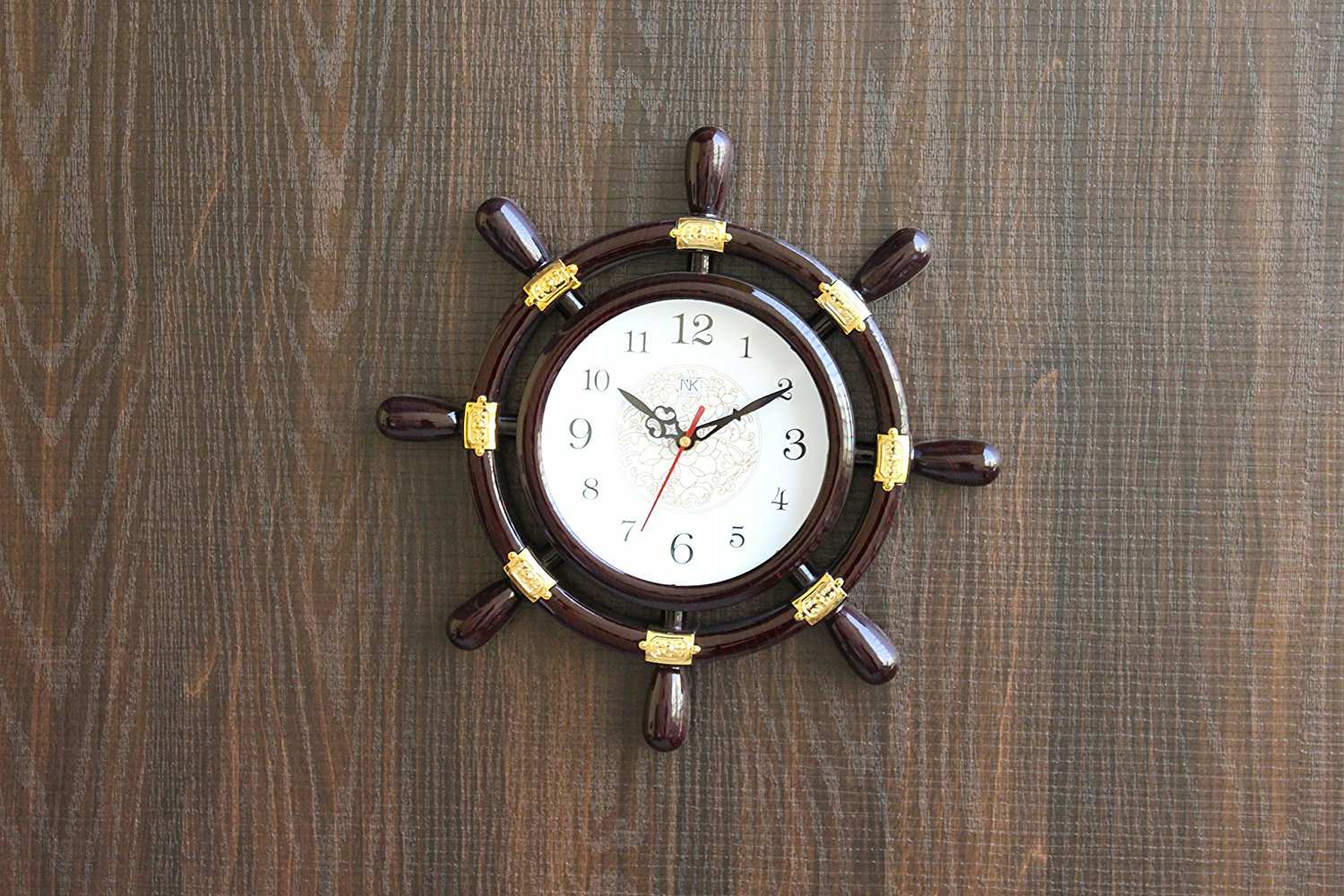 FunkyTradition Decorative Retro Round Ship Steering Shape Plastic Pendulum Wall Clock for Home Office Decor and Gifts 32 CM Tall - FunkyTradition