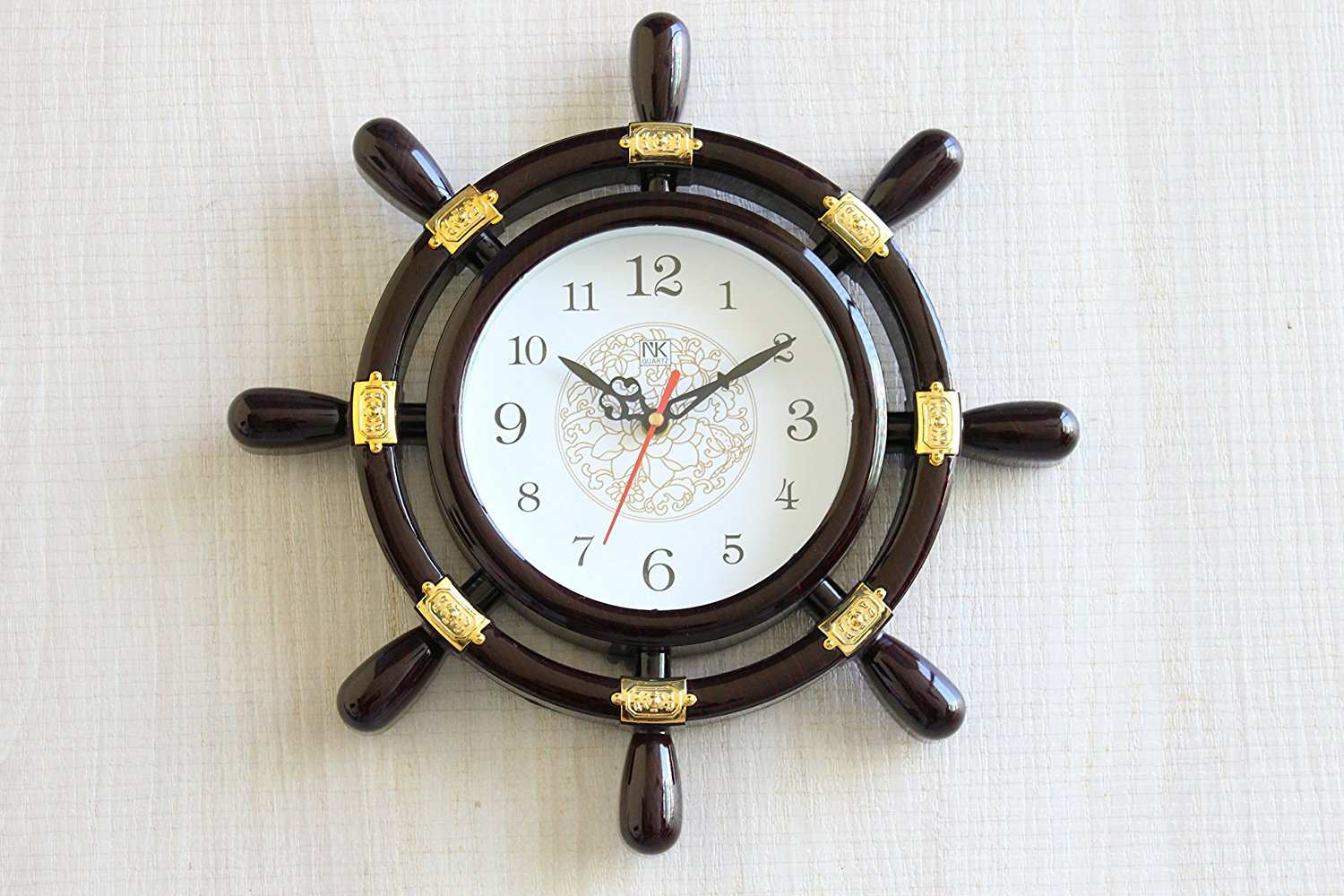 FunkyTradition Decorative Retro Round Ship Steering Shape Plastic Pendulum Wall Clock for Home Office Decor and Gifts 32 CM Tall - FunkyTradition