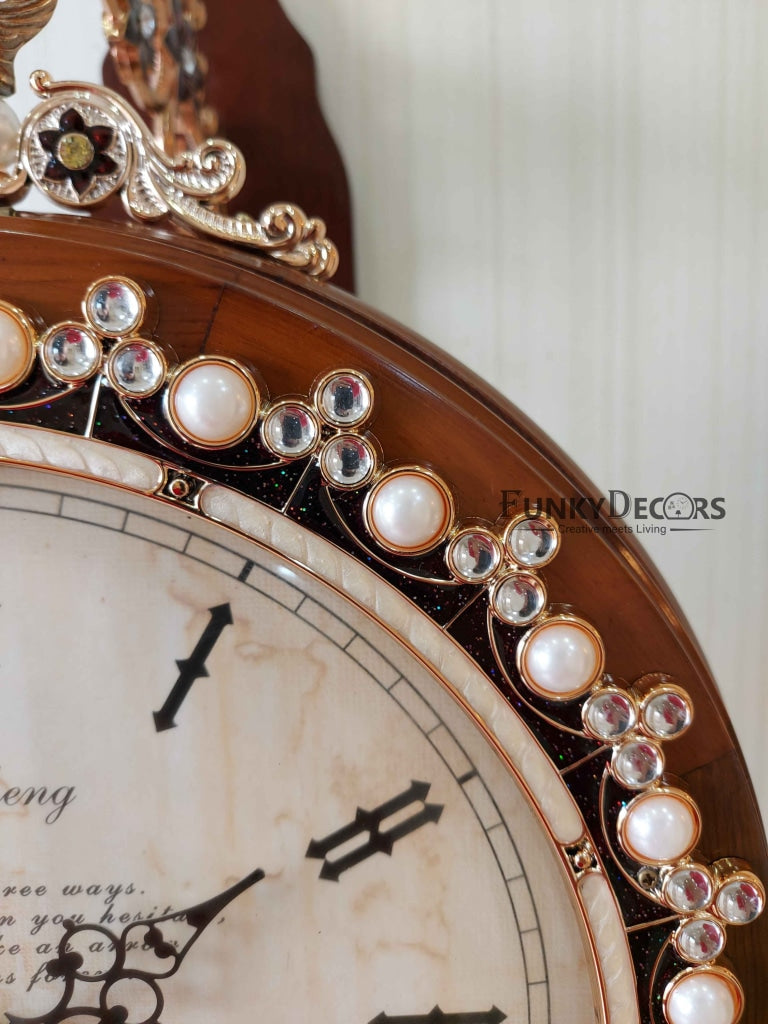 Funkytradition Designer Diamond Studded Antique-Look Wooden Brown Round Wall Hanging Double Sided 2