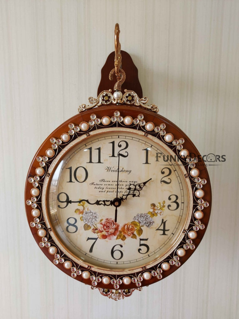 Funkytradition Designer Diamond Studded Antique-Look Wooden Brown Round Wall Hanging Double Sided 2