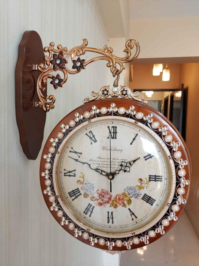 Funkytradition Designer Diamond Studded Antique-Look Wooden Brown Round Wall Hanging Double Sided 2
