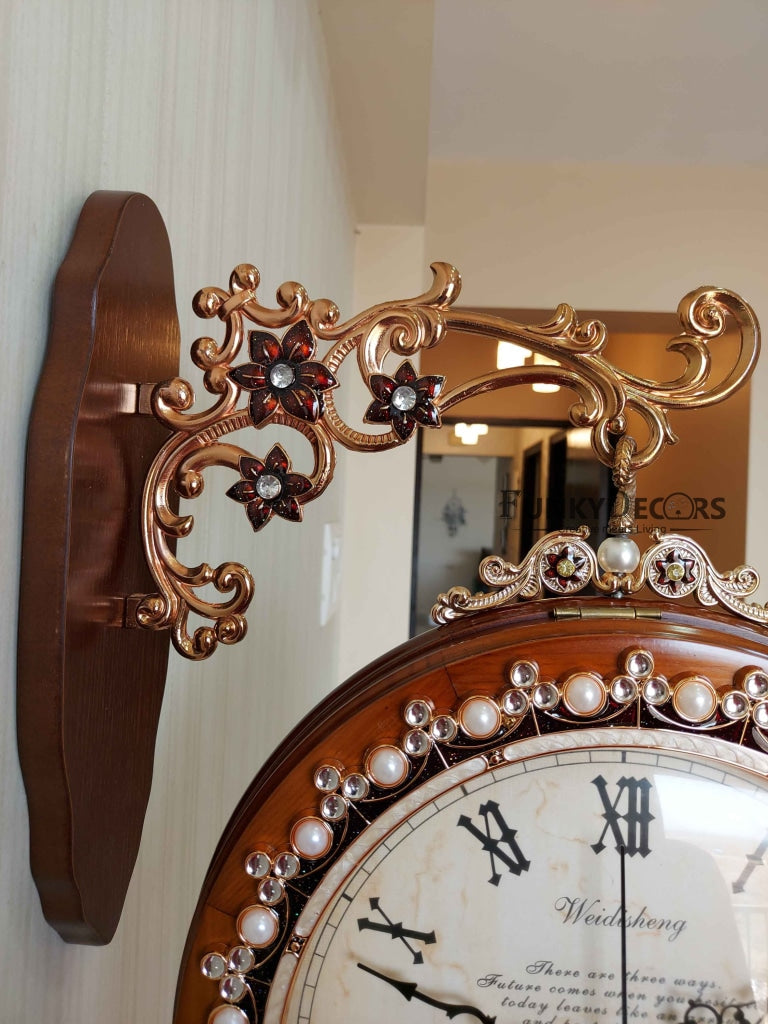 Funkytradition Designer Diamond Studded Antique-Look Wooden Brown Round Wall Hanging Double Sided 2