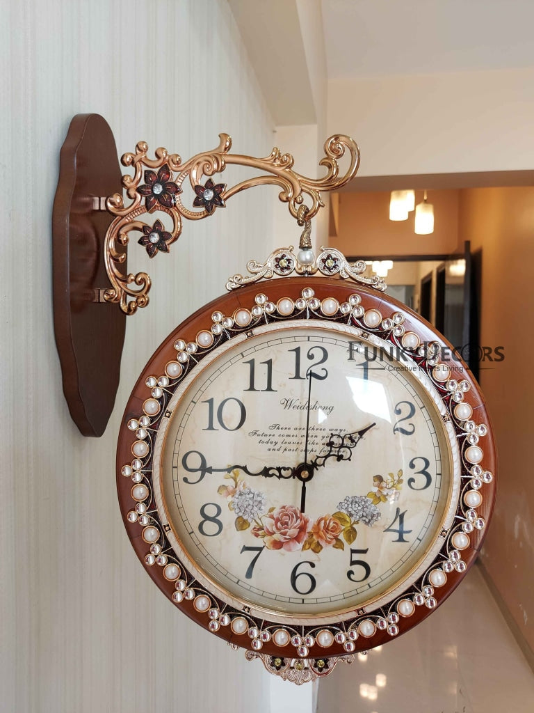 Funkytradition Designer Diamond Studded Antique-Look Wooden Brown Round Wall Hanging Double Sided 2