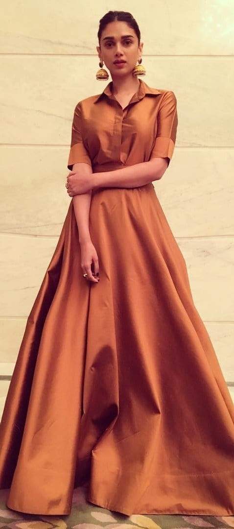 FunkyTradition Designer Wear Copper Brown Taffeta Silk Readymade Gown