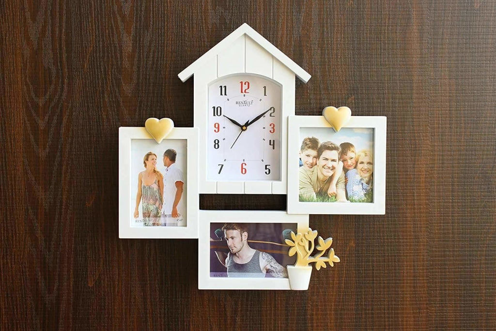 FunkyTradition Designer White House Shape Love and Family Frames for 3 Photos with Clock for Home Office Decor and Anniversary Valentines Birthday Housewarming Gifts 43 CM Wide