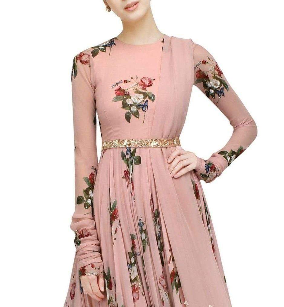 FunkyTradition Floral Peach Designer Wear Digital Floral Printed Gown - FunkyTradition