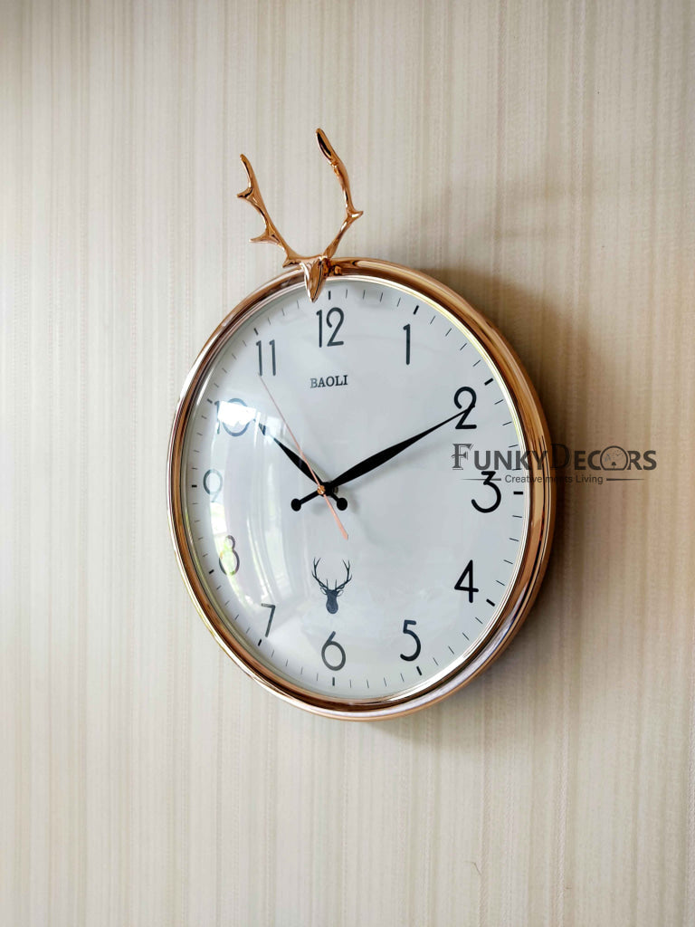 Funkytradition Golden White Reindeer Wall Clock Watch Decor For Home Office And Gifts 35 Cm Tall