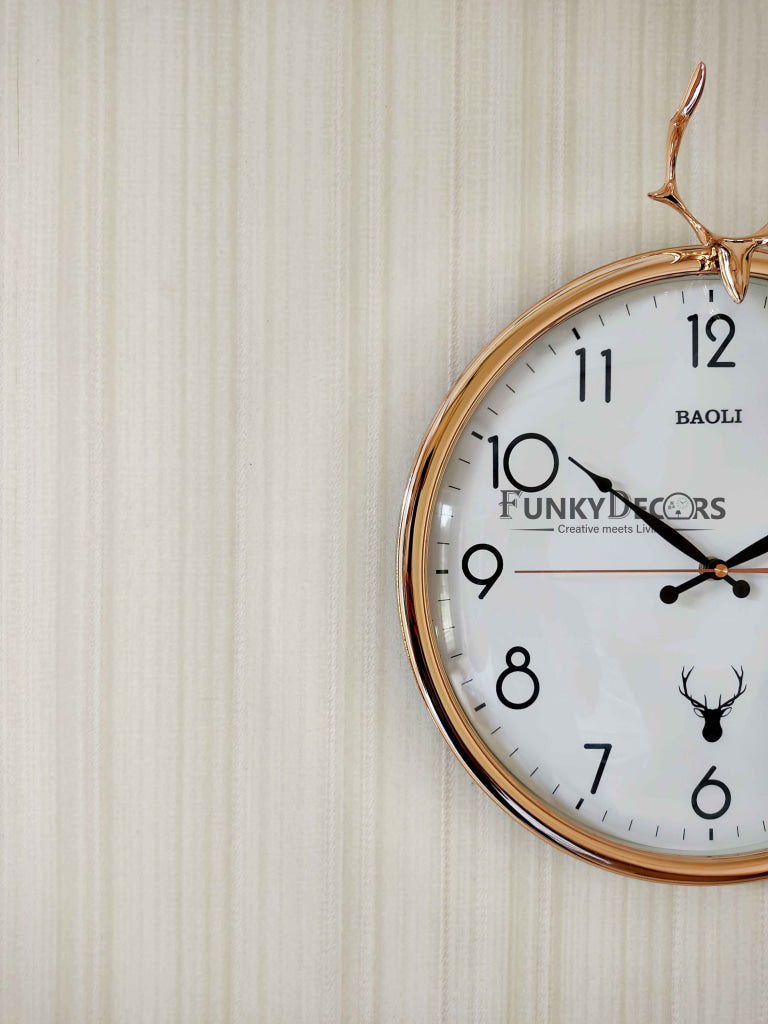 Funkytradition Golden White Reindeer Wall Clock Watch Decor For Home Office And Gifts 35 Cm Tall