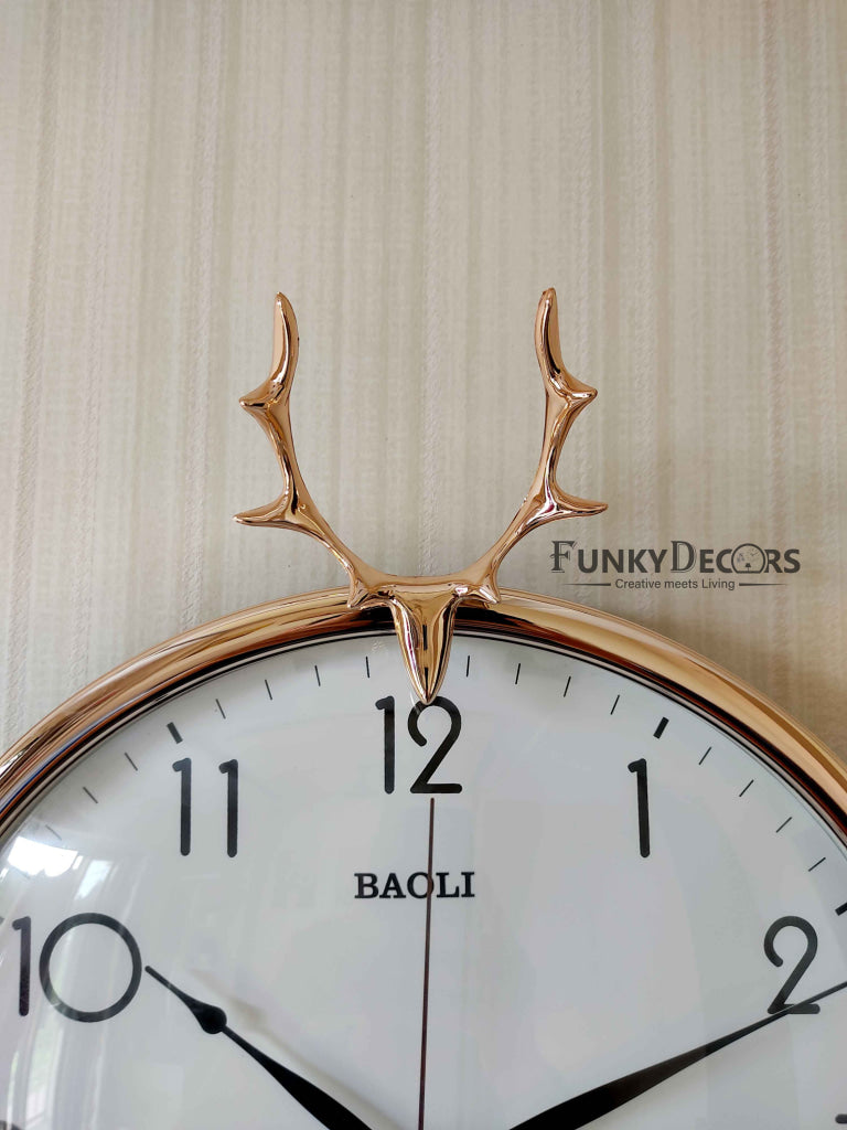 Funkytradition Golden White Reindeer Wall Clock Watch Decor For Home Office And Gifts 35 Cm Tall