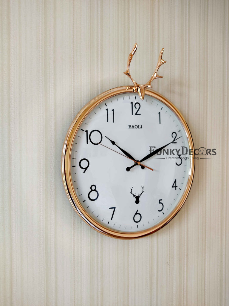 Funkytradition Golden White Reindeer Wall Clock Watch Decor For Home Office And Gifts 35 Cm Tall