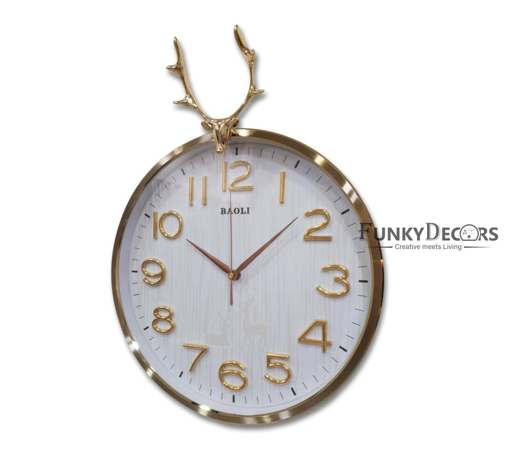 Funkytradition Golden White Reindeer Wall Clock Watch Decor For Home Office And Gifts 46 Cm Tall