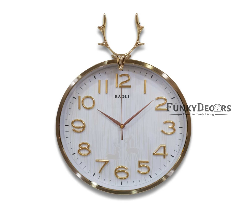 Funkytradition Golden White Reindeer Wall Clock Watch Decor For Home Office And Gifts 46 Cm Tall