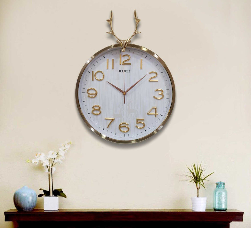 Funkytradition Golden White Reindeer Wall Clock Watch Decor For Home Office And Gifts 46 Cm Tall