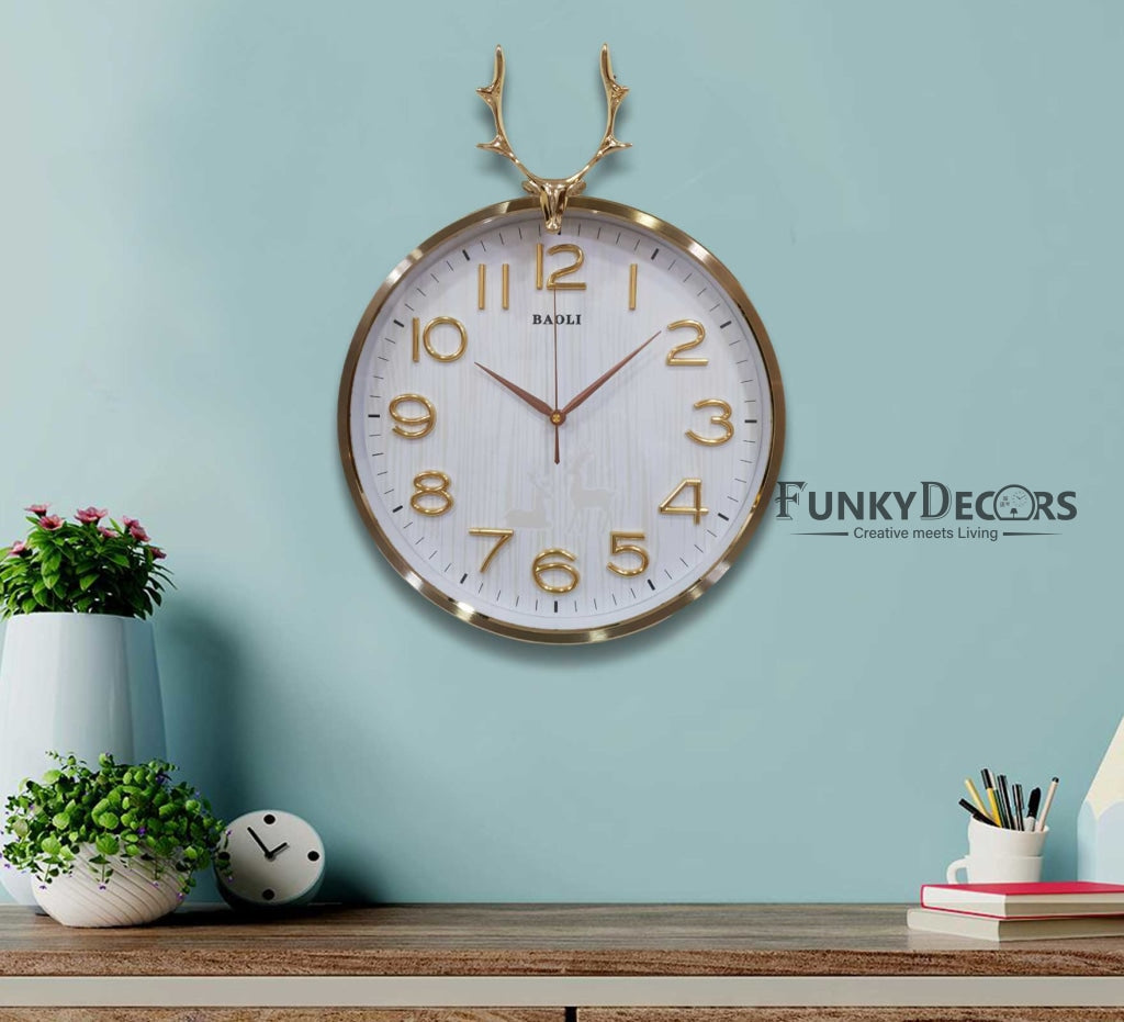 Funkytradition Golden White Reindeer Wall Clock Watch Decor For Home Office And Gifts 46 Cm Tall
