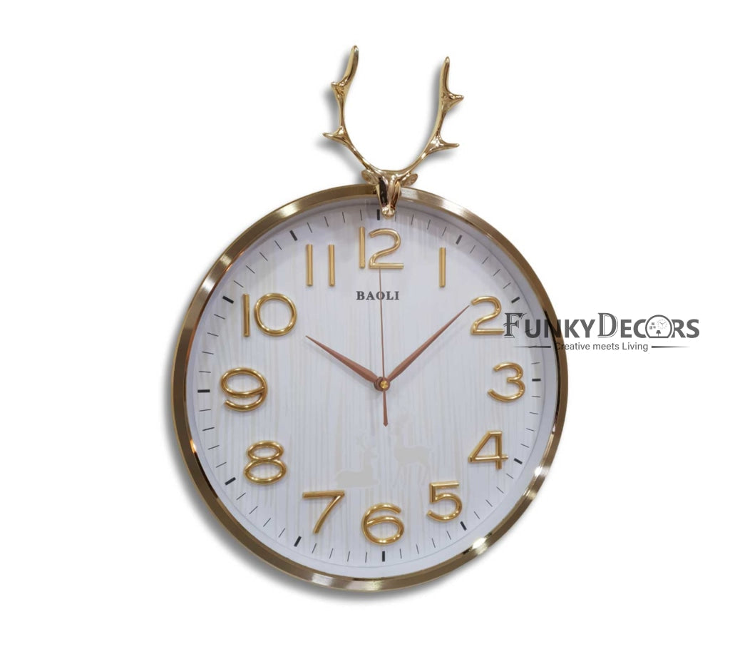 Funkytradition Golden White Reindeer Wall Clock Watch Decor For Home Office And Gifts 46 Cm Tall