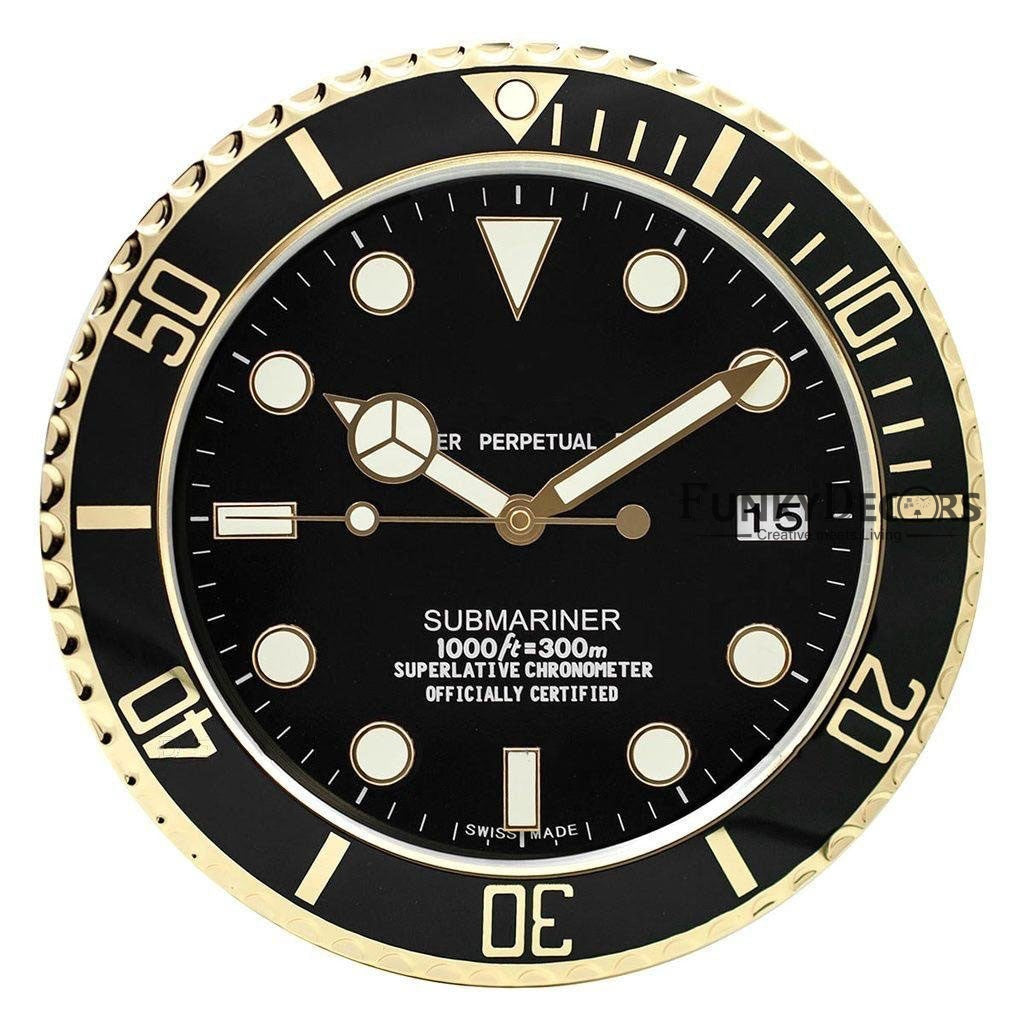 Funkytradition Luxury Black Golden Submariner Stainless Steel Wall Clock For Royal Home And