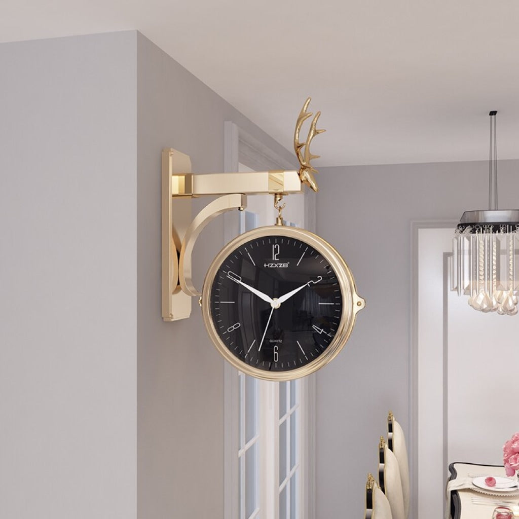 Funkytradition Luxury Look Deer Golden Round Wall Hanging Double Sided 2 Faces Retro Station Clock