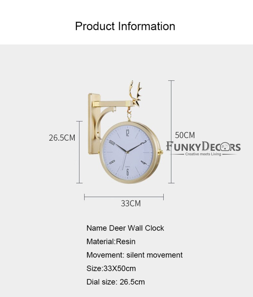 Funkytradition Luxury Look Deer Golden Round Wall Hanging Double Sided 2 Faces Retro Station Clock