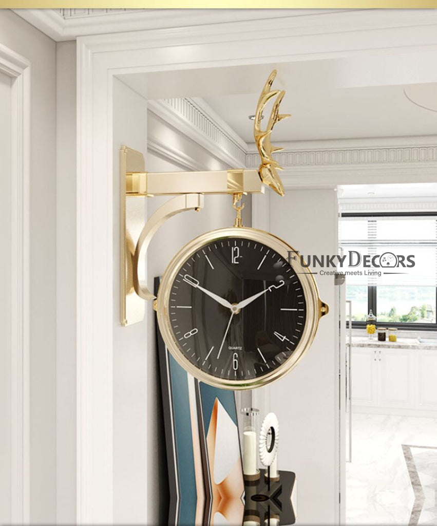 Funkytradition Luxury Look Deer Golden Round Wall Hanging Double Sided 2 Faces Retro Station Clock
