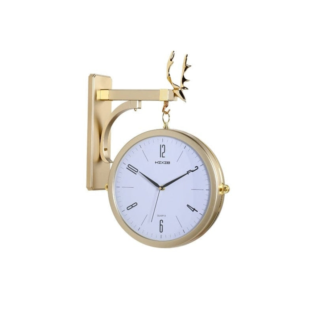 Funkytradition Luxury Look Deer Golden Round Wall Hanging Double Sided 2 Faces Retro Station Clock