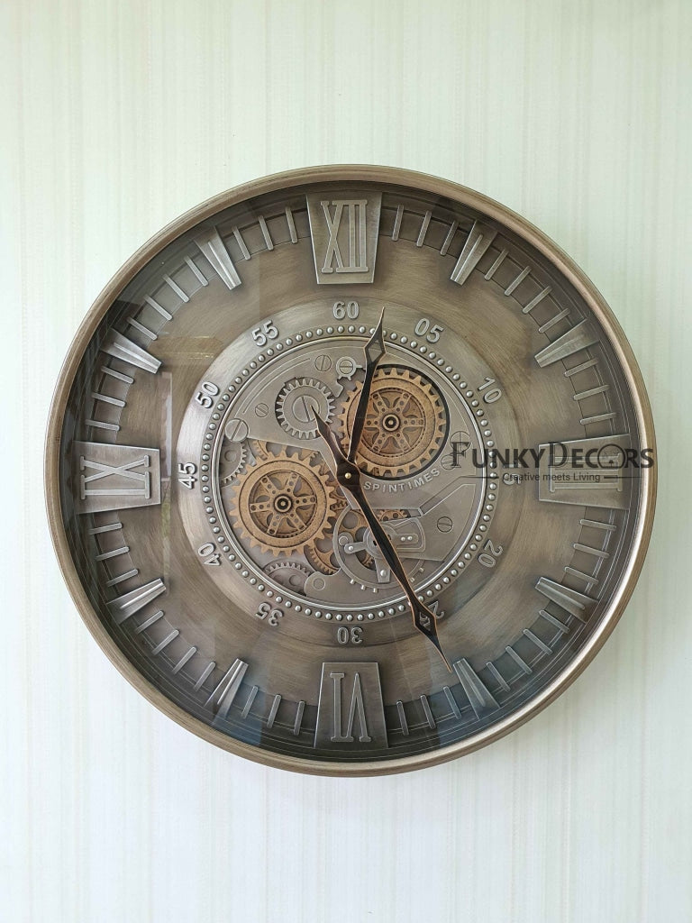 Funkytradition Metallic Royal Retro Style Metal Wall Clock With Glass Frame And Moving Gear