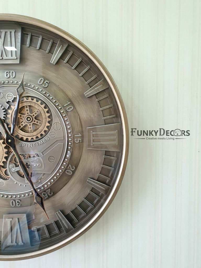 Funkytradition Metallic Royal Retro Style Metal Wall Clock With Glass Frame And Moving Gear