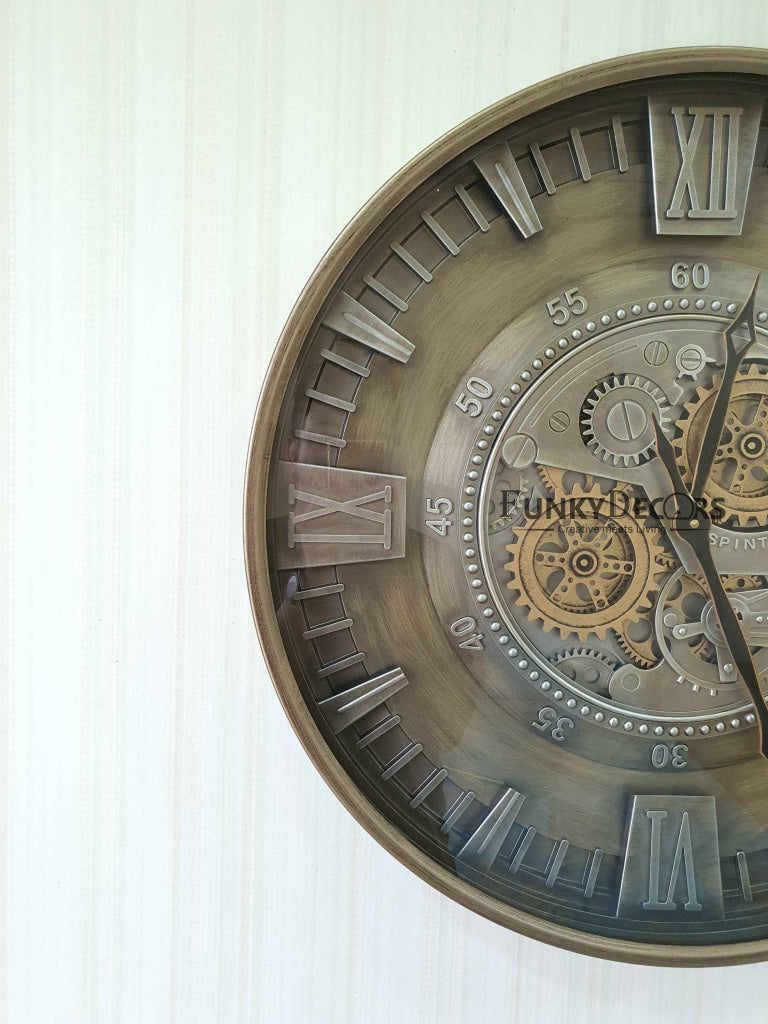Funkytradition Metallic Royal Retro Style Metal Wall Clock With Glass Frame And Moving Gear