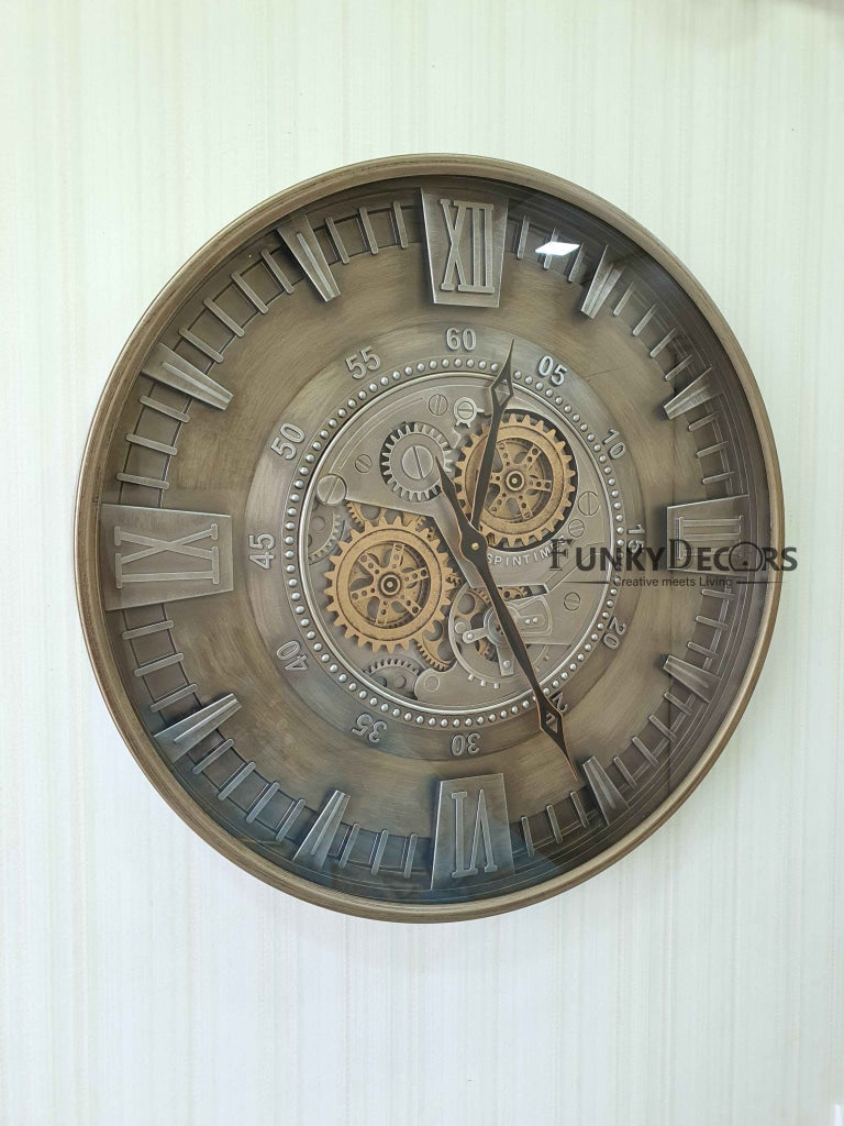 Funkytradition Metallic Royal Retro Style Metal Wall Clock With Glass Frame And Moving Gear