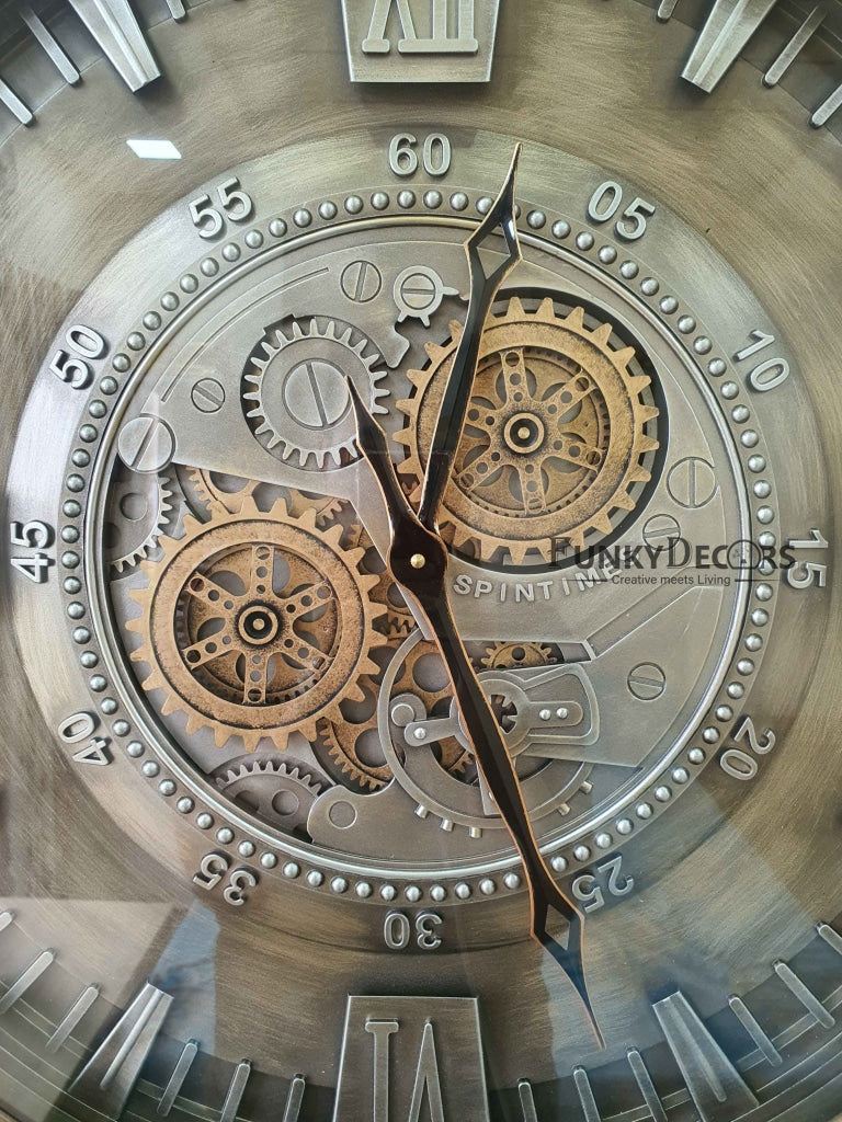 Funkytradition Metallic Royal Retro Style Metal Wall Clock With Glass Frame And Moving Gear