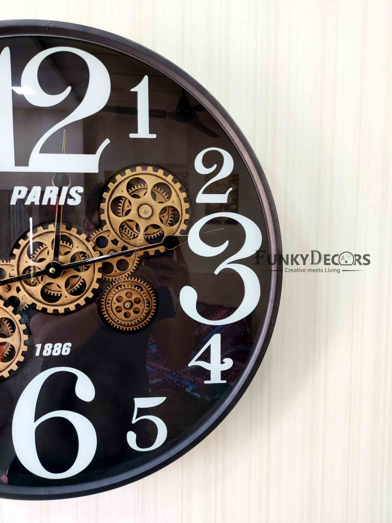 Funkytradition Metallic Royal Retro Style Metal Wall Clock With Glass Frame And Moving Gear