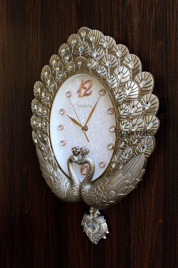 Funkytradition Pearl Silver Grey Peacock Pendulum Wall Clock Watch Decor For Home Office And Gifts