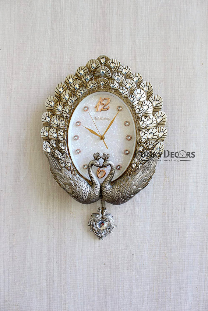 Funkytradition Pearl Silver Grey Peacock Pendulum Wall Clock Watch Decor For Home Office And Gifts
